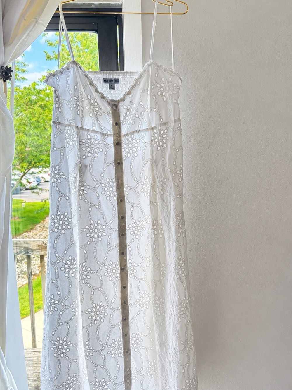 White Eyelet Maxi Dress with Button-Front Trim